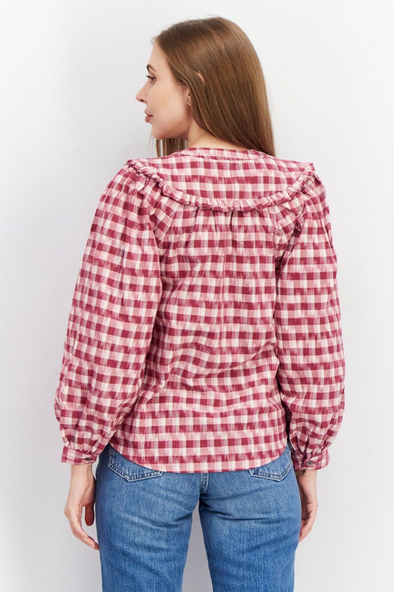 joie بلوزة نسائية بأكمام طويلة وياقة دائرية، مربعات، بورغندي - Image 4